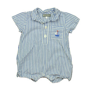 Petit Confection Boys Blue | White Sailboat Romper size: 6 Months